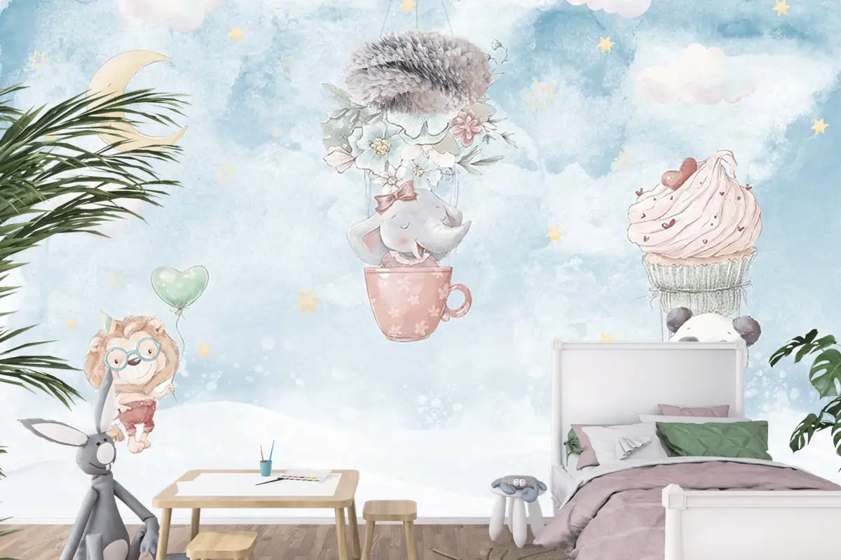 Gökyüzünde Fil Panda Çocuk Odası Duvar Kağıdı