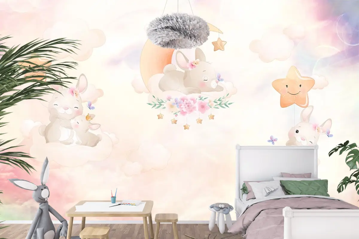 Gökyüzünde Sevimli Tavşanların Dünyası Çocuk Odası Duvar Kağıdı