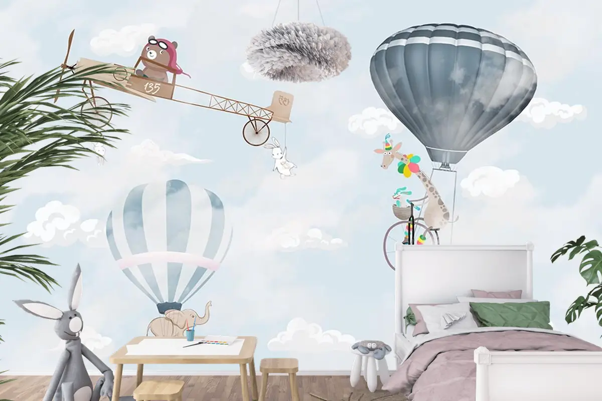 Gökyüzünde Uçak Balonlar Ve Sevimli Hayvanlar Çocuk Odası Duvar Kağıdı