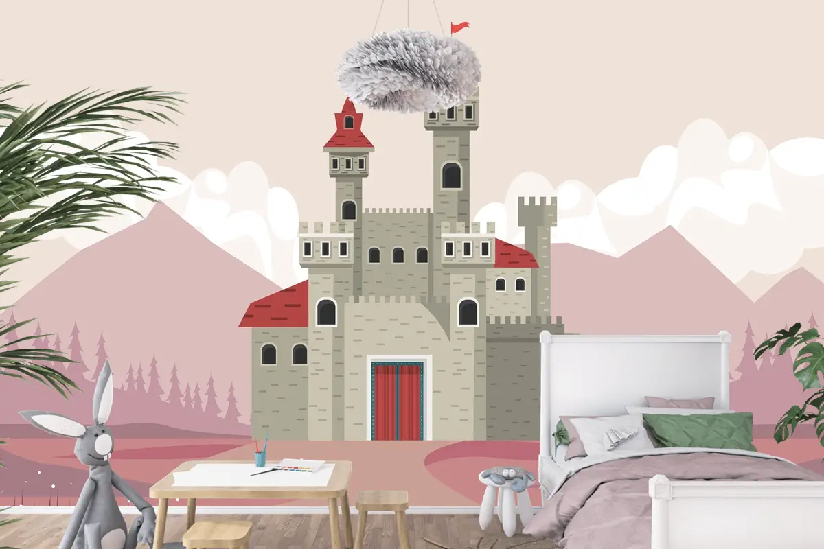 Pembe Manzara Sahnesi Çocuk Odası Duvar Kağıdı Duvarındaki Gri Kale