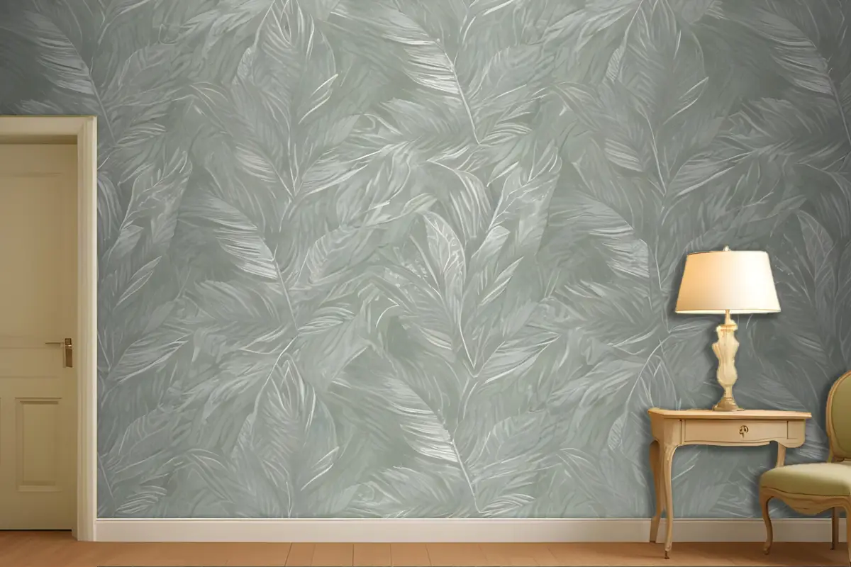 Üst Üste Binen Yaprak Veya Tüy Benzeri Şekillerle Yeşil Ve Beyaz Soyut Desen Antre  Hol  Koridor Duvar Kağıdı