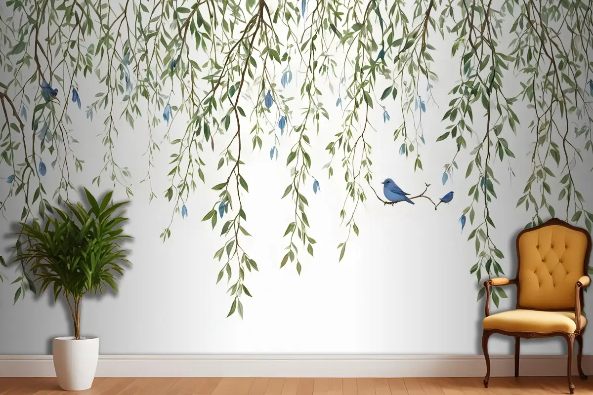 Renkli Kuşlar Duvar Kağıdı Ile Yeşil Asılı Yapraklar