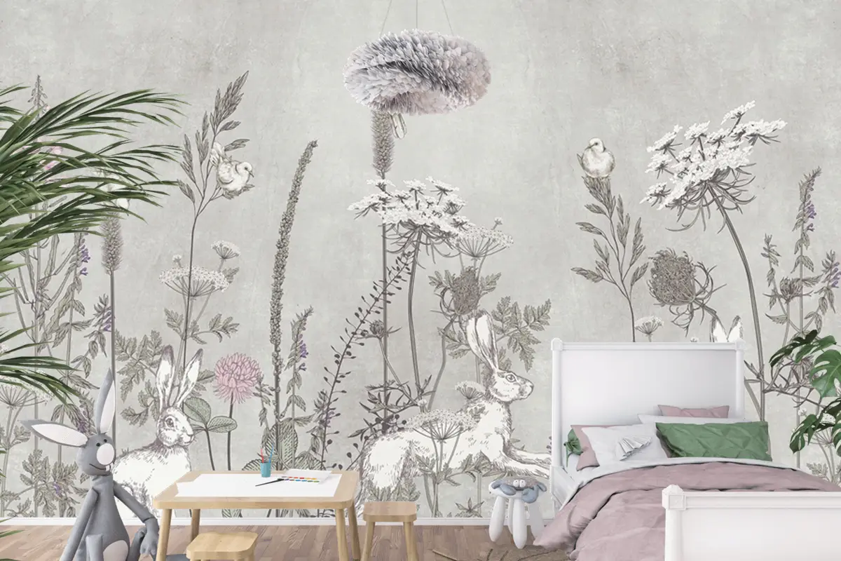 Gri Tavşanlar Ve Çiçekler Çocuk Odası Duvar Kağıdı