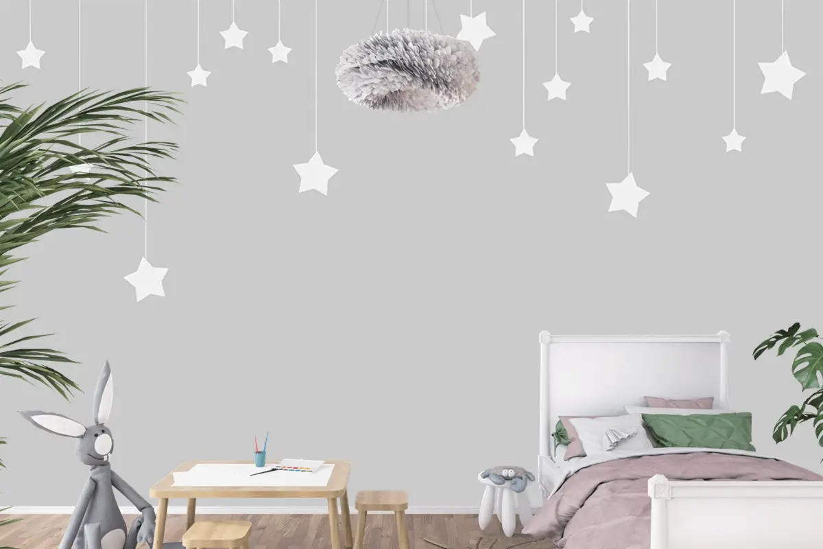 Gri Zemin Beyaz Yıldızlar Çocuk Odası Duvar Kağıdı