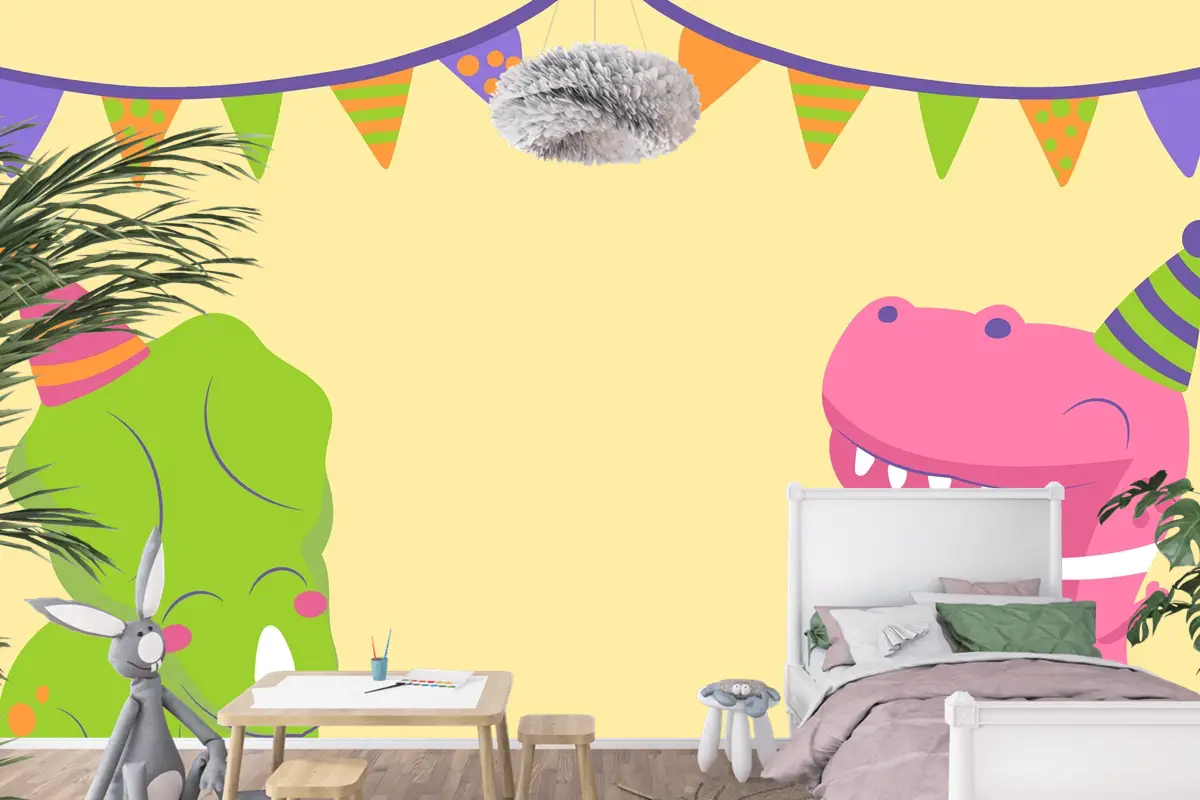 Elle Çizilmiş Dinozor Doğum Günü Yakınlaştırma Çocuk Odası Duvar Kağıdı 