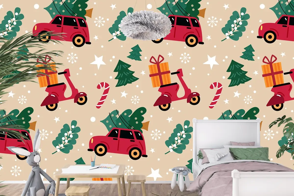 Elle Çizilmiş Düz Noel Desen Tasarımı Çocuk Odası Duvar Kağıdı