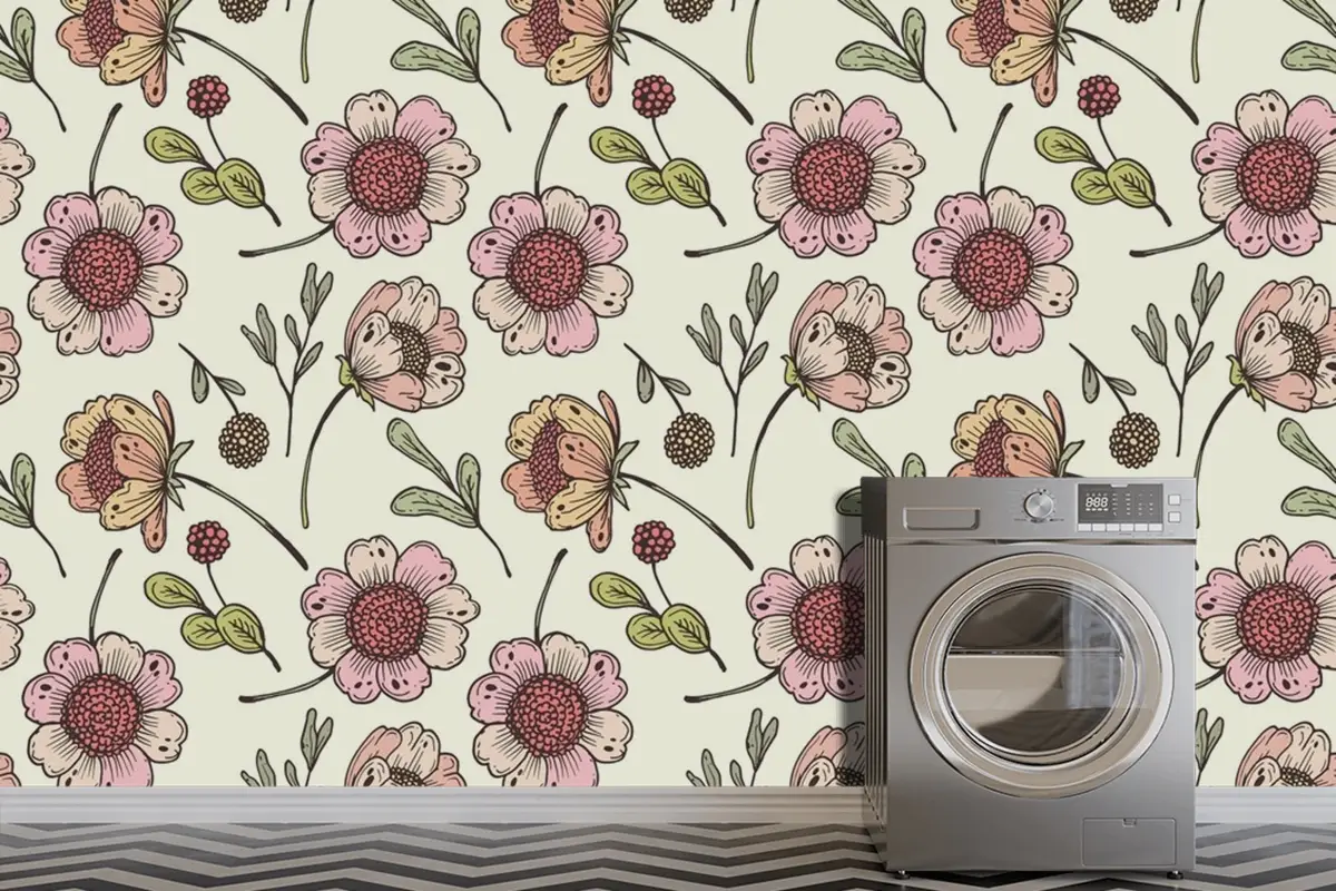 Şeftali Tonlarında Elle Çizilmiş Çiçek Desenli Duvar Kağıdı