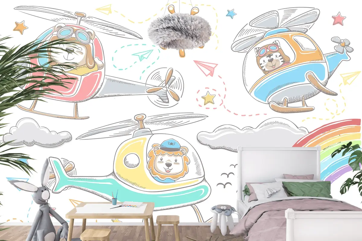 Helikopterlerde Elle Çizilmiş Komik Hayvanlar Karikatür Gökyüzü Nesne Öğeleri Karikatür Çocuk Odası Duvar Kağıdı Duvar