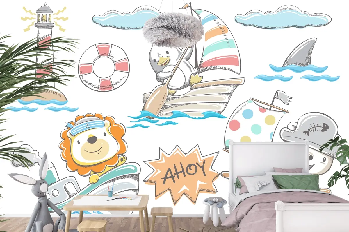 Elle Çizilmiş Komik Hayvanlar Deniz Elementleri Çocuk Odası Duvar Kağıdı