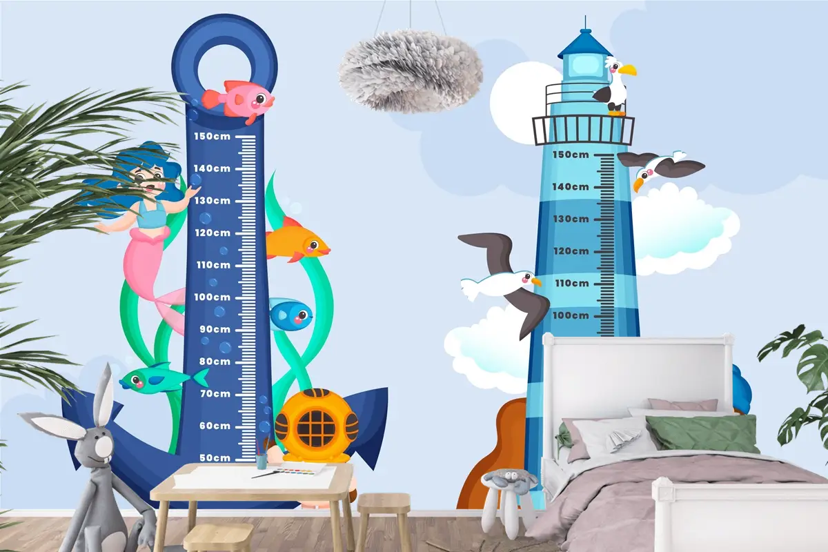 Elle Çizilmiş Yükseklik Ölçer Seti Çocuk Odası Duvar Kağıdı
