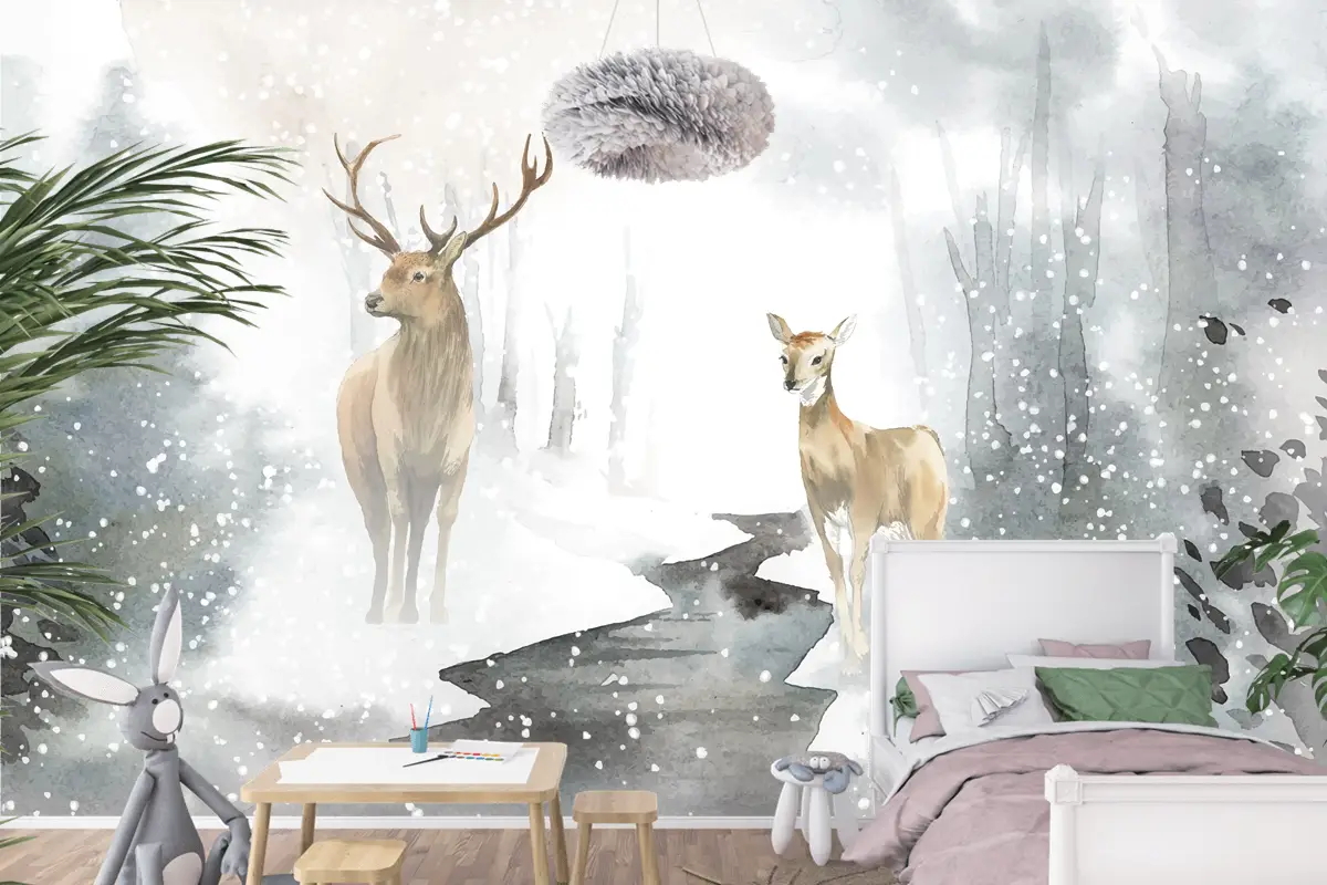 Elle Çizilmiş Geyik Çifti Suluboya Tarzı Çocuk Odası Duvar Kağıdı