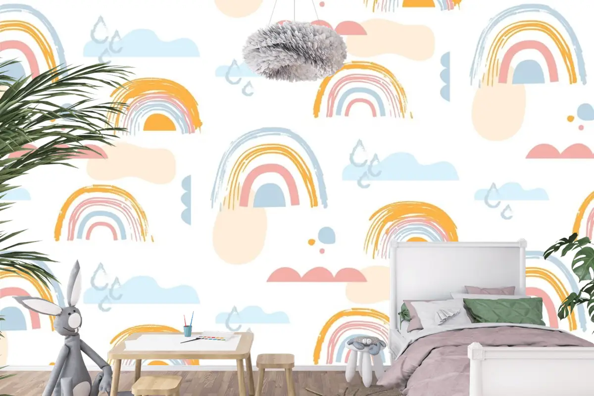 Elle Çizilmiş Gökkuşağı Desen Tasarımı Çocuk Odası Duvar Kağıdı