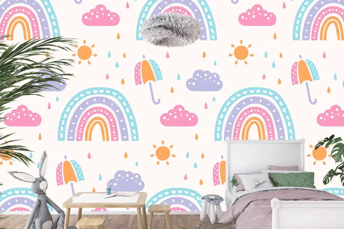Elle Çizilmiş Gökkuşağı Desen Tasarımı Çocuklar Çocuk Odası Duvar Kağıdı