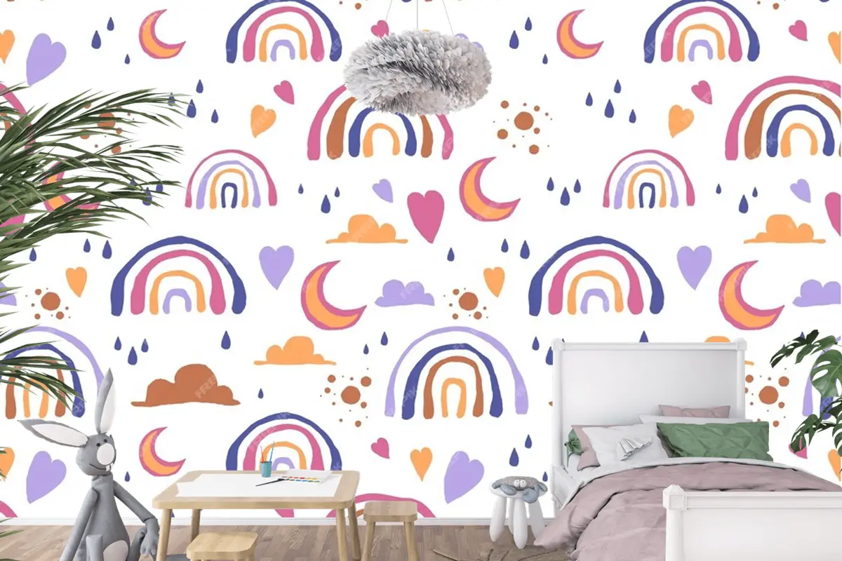 Elle Çizilmiş Gökkuşağı Desen Tasarımı Çocuk Odası Duvar Kağıdı
