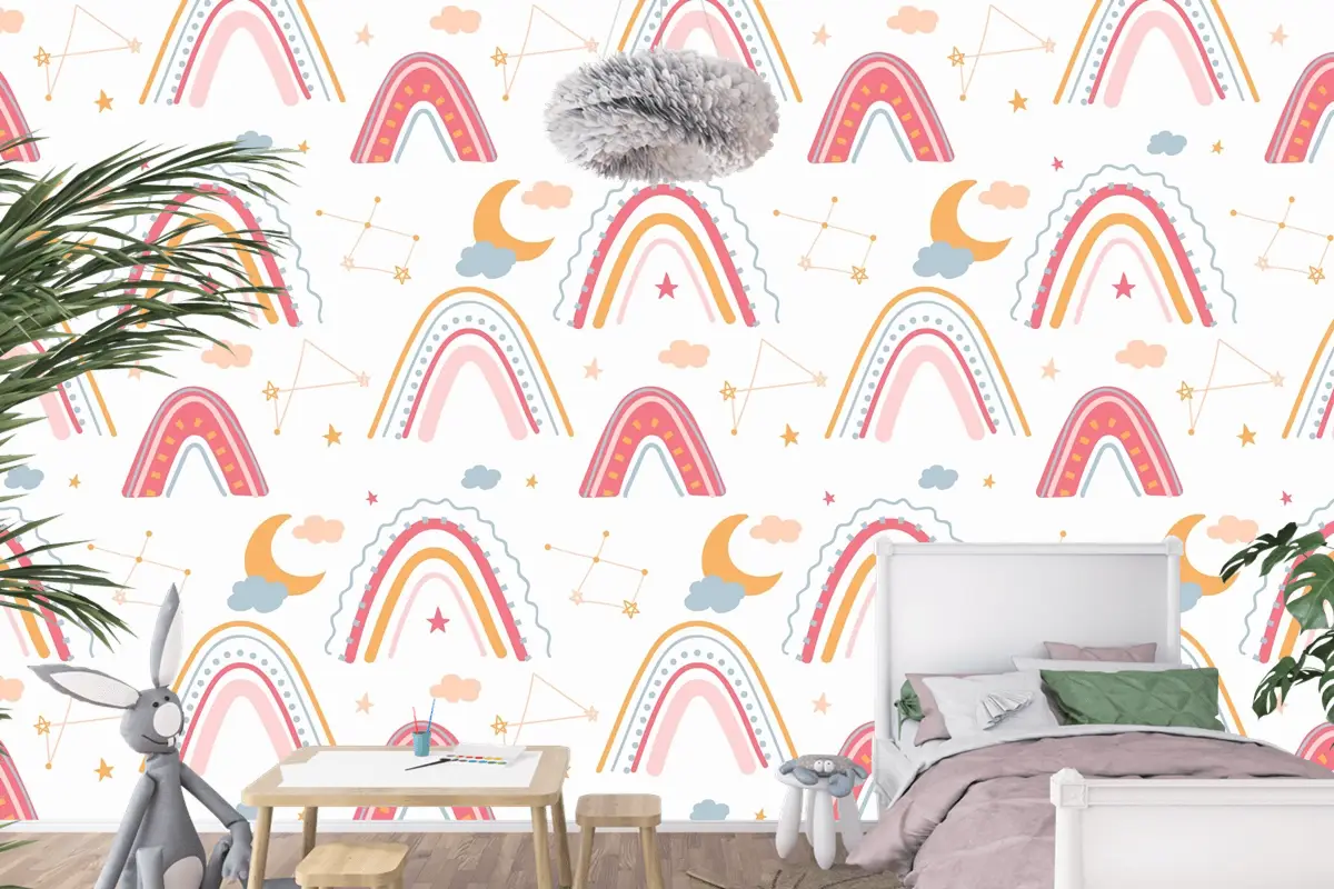 Elle Çizilmiş Gökkuşağı Desenli Çocuk Odası Duvar Kağıdı 