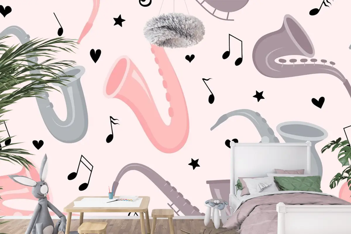 Elle Çizilmiş Saksafon Dikişsiz Desen Çocuk Odası Duvar Kağıdı