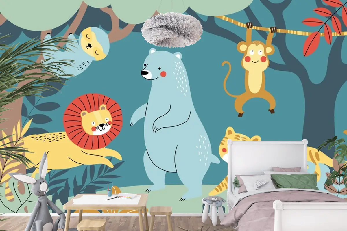 Elle Çizilmiş Yaban Hayatı Arka Plan Çocuk Odası Duvar Kağıdı 
