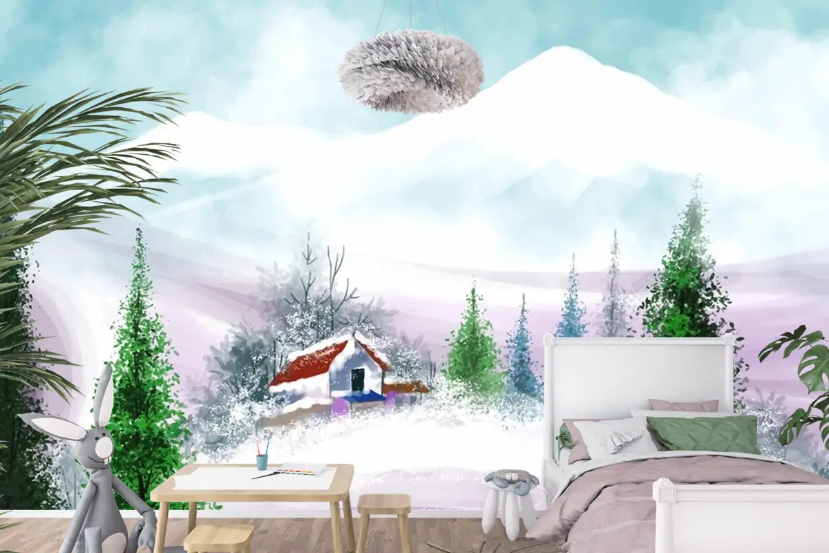 Noel Ve Yeni Yılınız Kutlu Olsun Çocuk Odası Duvar Kağıdı  İçin El Boyalı Suluboya Çizimi