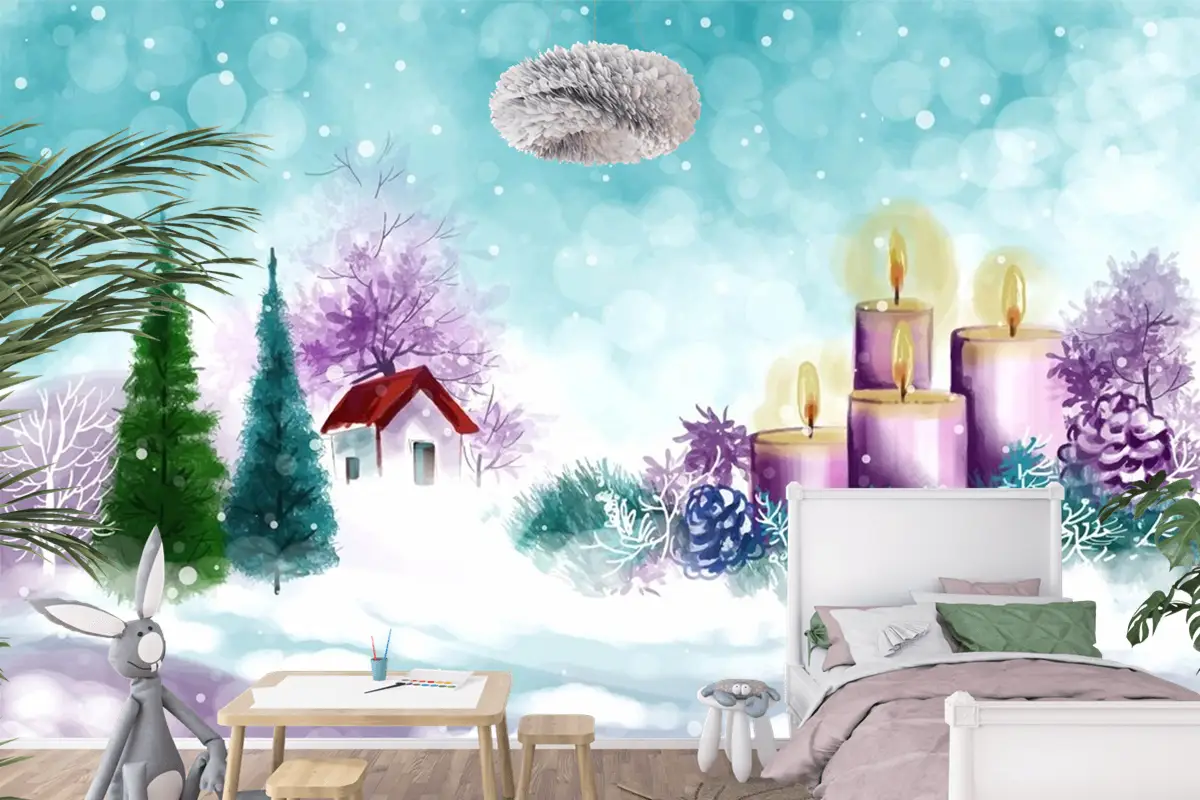 Noel Ve Mutlu Yeni Yıl Sezonu Çocuk Odası Duvar Kağıdı  Için El Boyalı Suluboya Çizimi