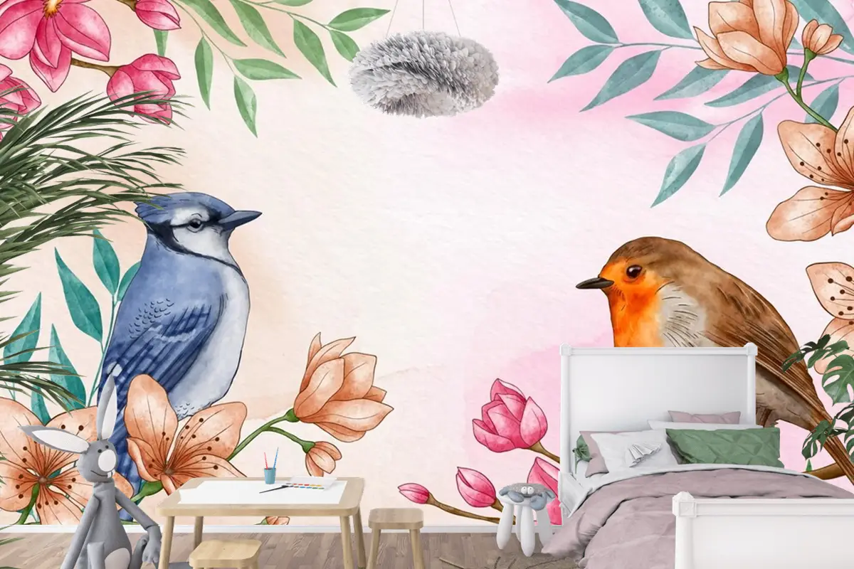 El Boyalı Suluboya Çiçek Kuşlar Arka Plan Çocuk Odası Duvar Kağıdı 