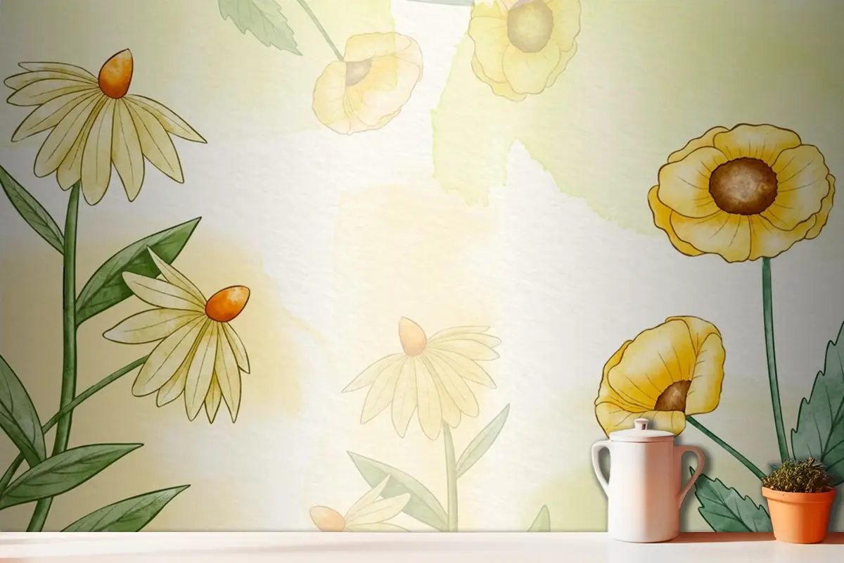 El Boyalı Suluboya Çiçek Mutfak Duvar Kağıdı 