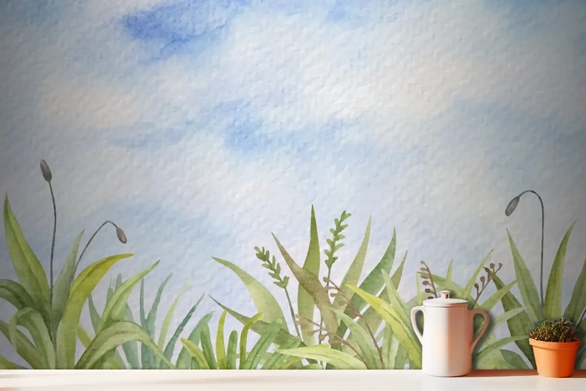 El Boyalı Suluboya Yaz Manzarası Mutfak Duvar Kağıdı