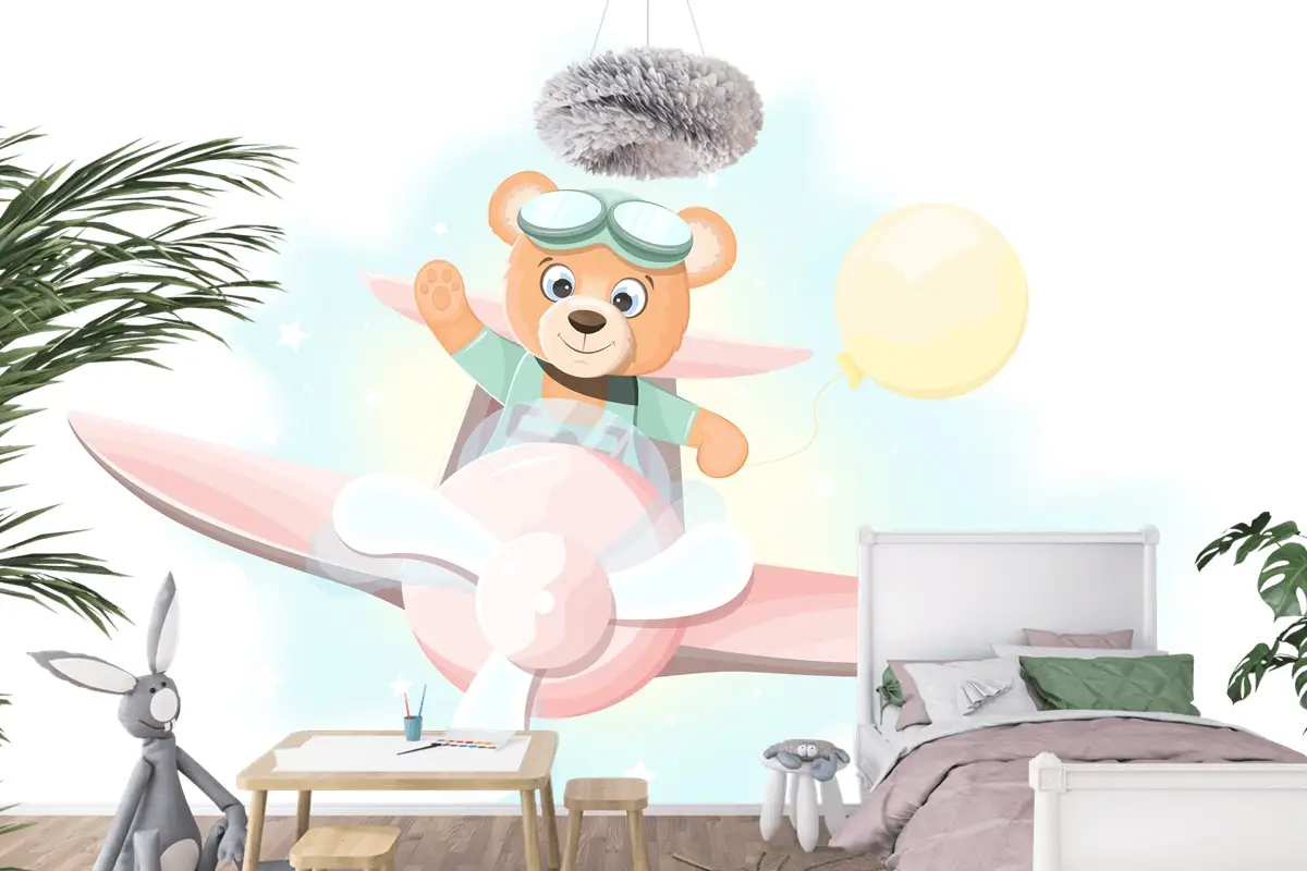 Uçakta Uçan Mutlu Ayıcık Çocuk Odası Duvar Kağıdı