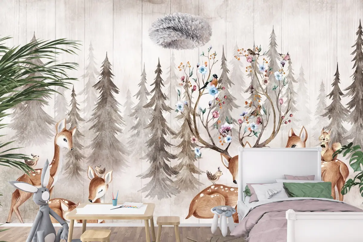 Hayvanlarla Suluboya Orman Geyik Çocuk Odası Duvar Kağıdı