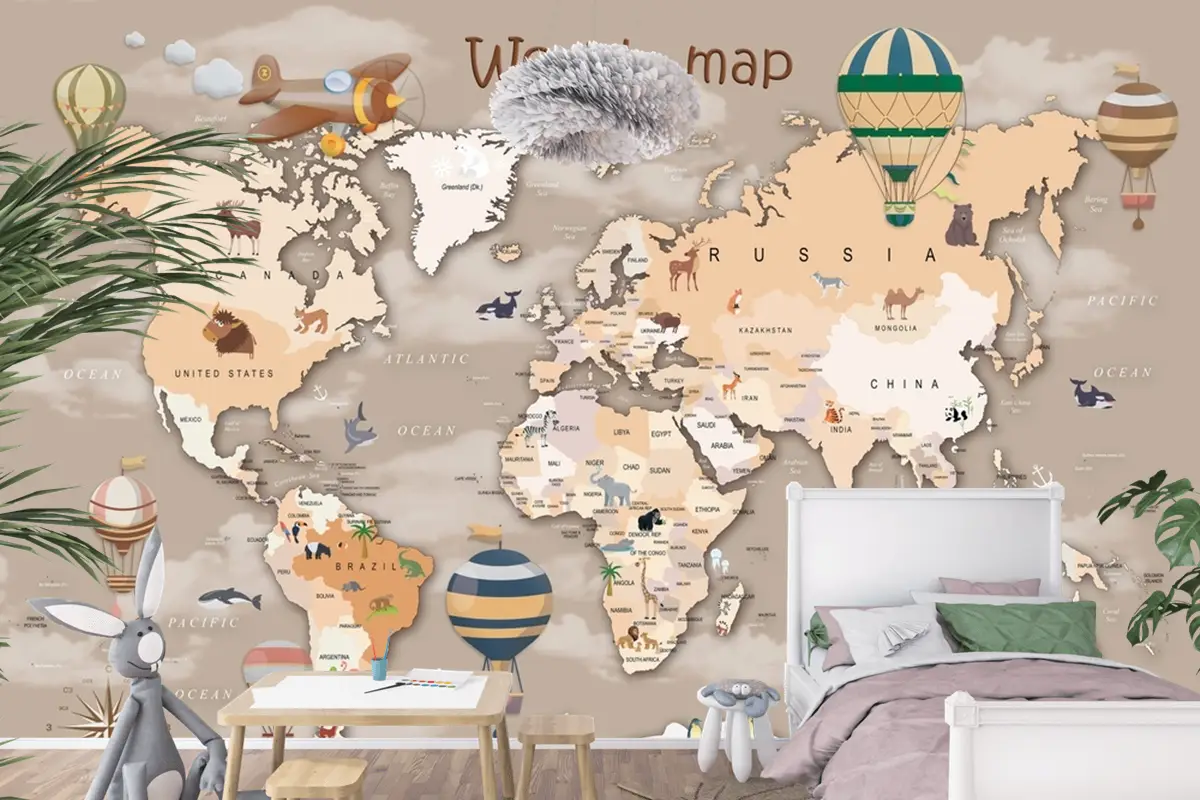 Hayvanlı Ve Sıcak Hava Balonlu Dünya Haritası Çocuk Odası Duvar Kağıdı