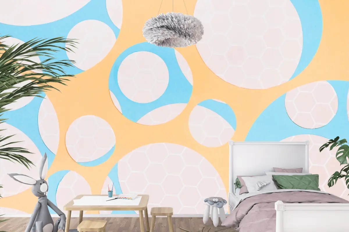 Sarı Çocuk Odası Duvar Kağıdı Duvar Üzerinde Daire Şeklinde Petek Deseni