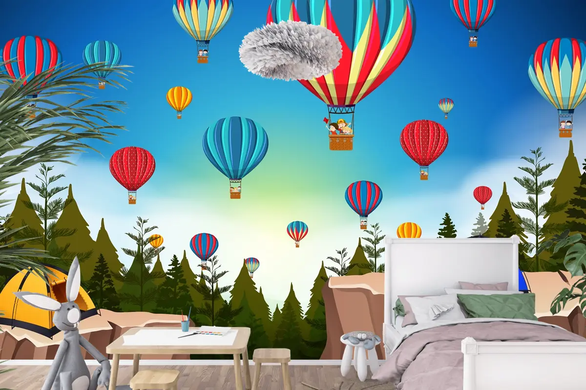 Doğada Sıcak Hava Balonu Manzara Çocuk Odası Duvar Kağıdı