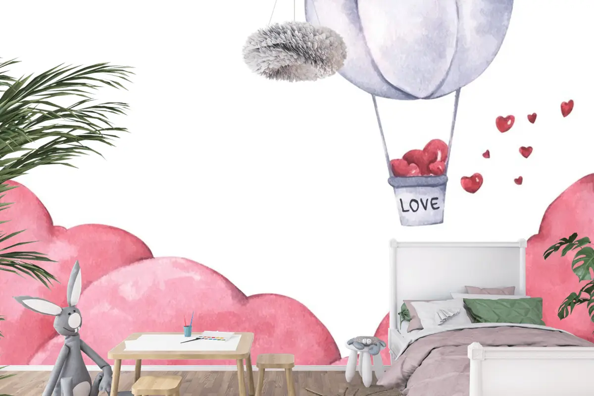 Sıcak Hava Balonu Gökyüzünde Yüzen Kalpli Çocuk Odası Duvar Kağıdı