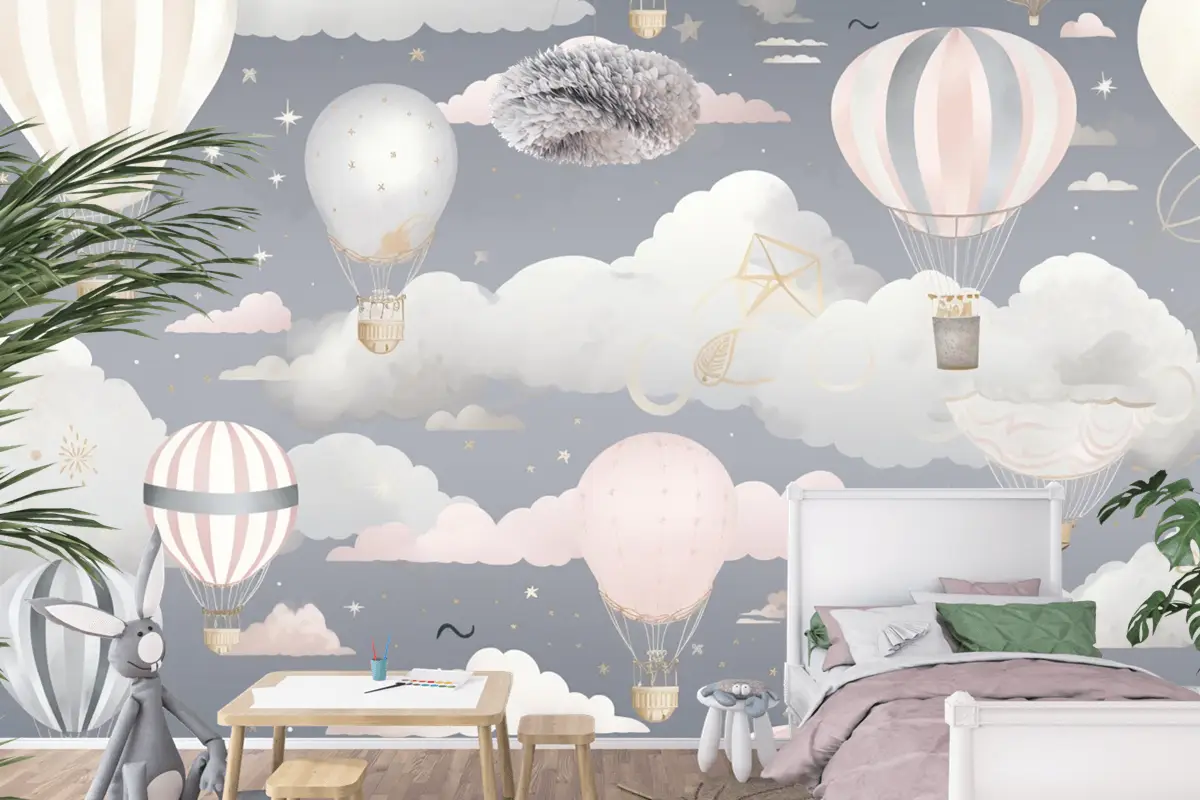 Bulutlarla Gökyüzünde Uçan Sıcak Hava Balonları Çocuk Odası Duvar Kağıdı