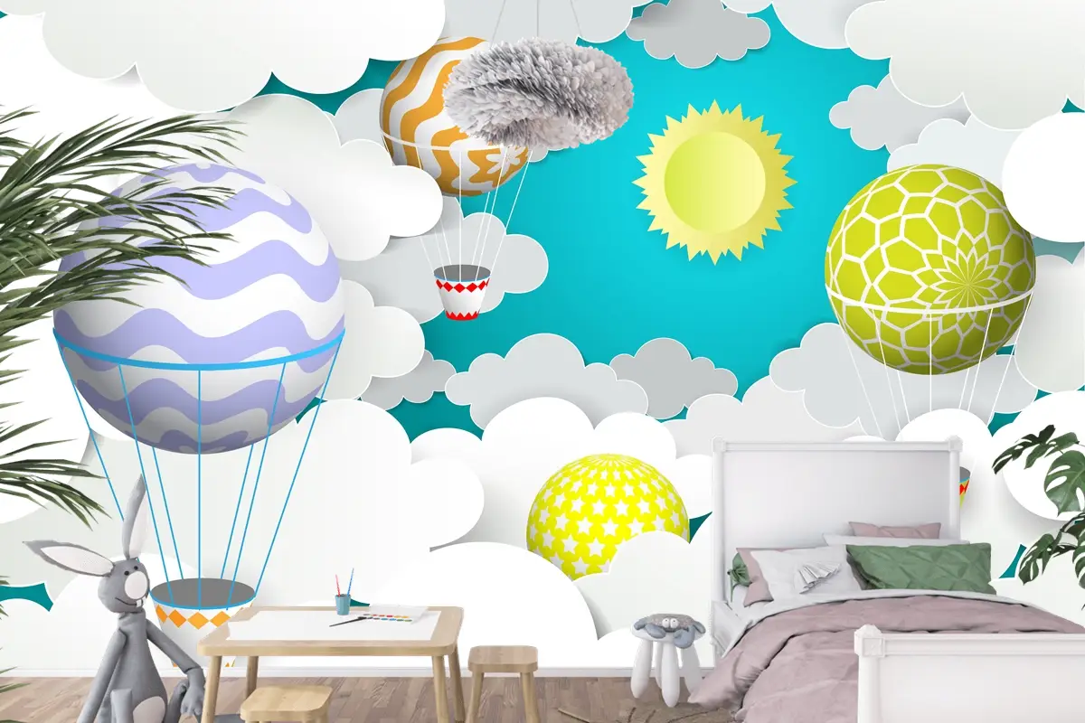 Gökyüzünde Sıcak Hava Balonları Kağıt Sanat Tarzı Çocuk Odası Duvar Kağıdı