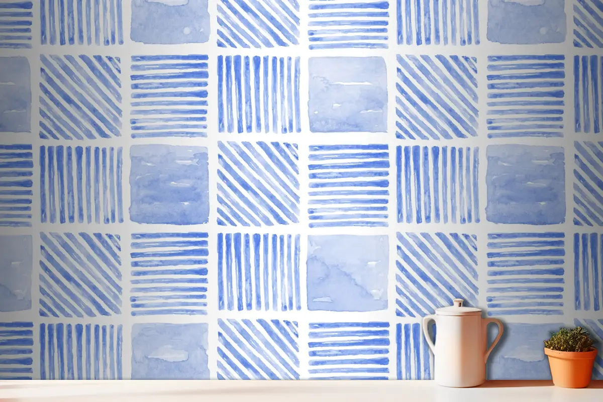 İndigo Mavi Suluboya Geometrik Dikişsiz Desenli Mutfak Duvar Kağıdı