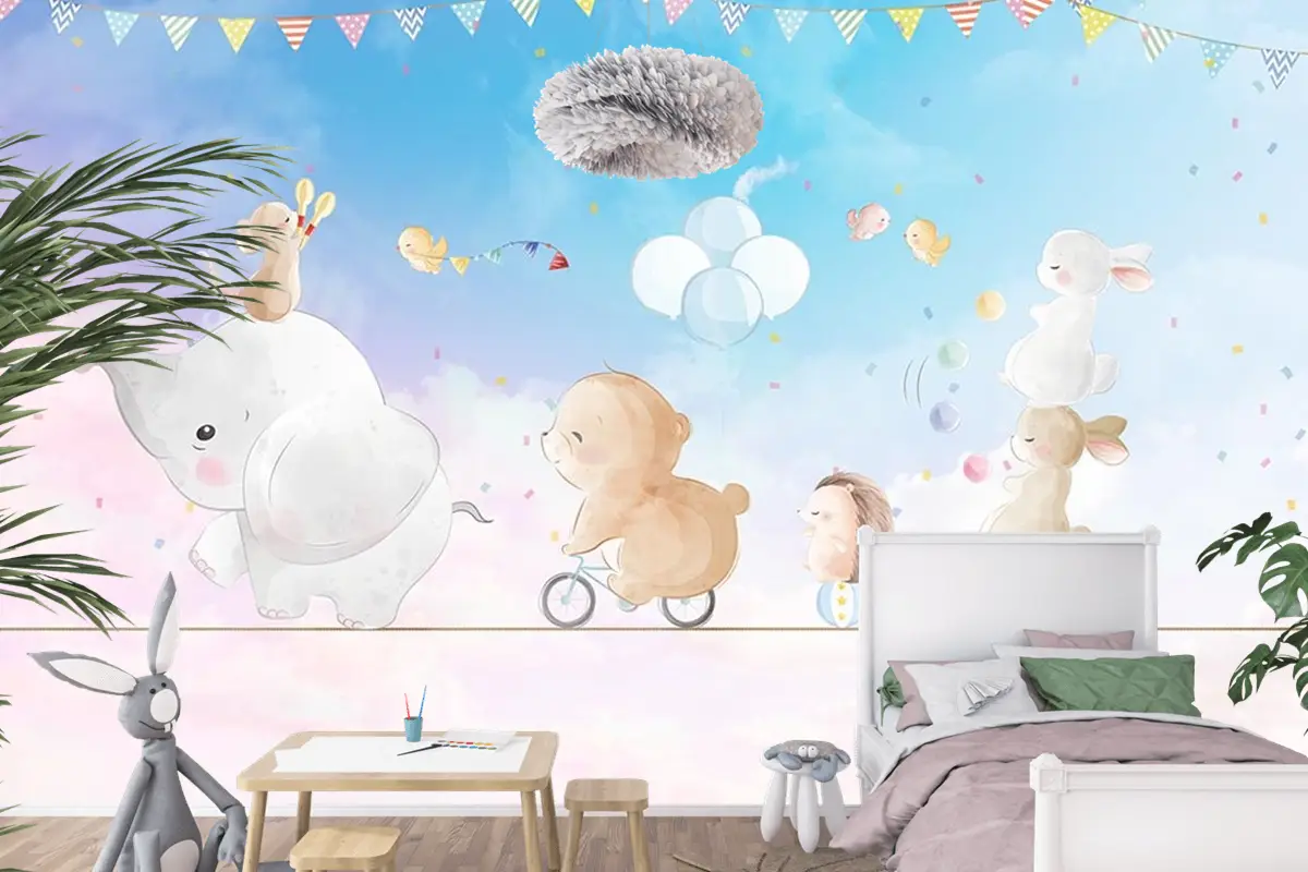 İp Üstünde Mutlu Hayvanlar Çocuk Odası Duvar Kağıdı