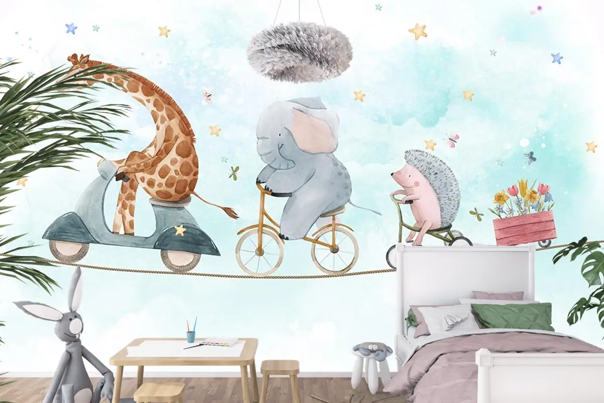 İp Üzerinde Bisiklet Süren Sevimli Hayvanlar Çocuk Odası Duvar Kağıdı