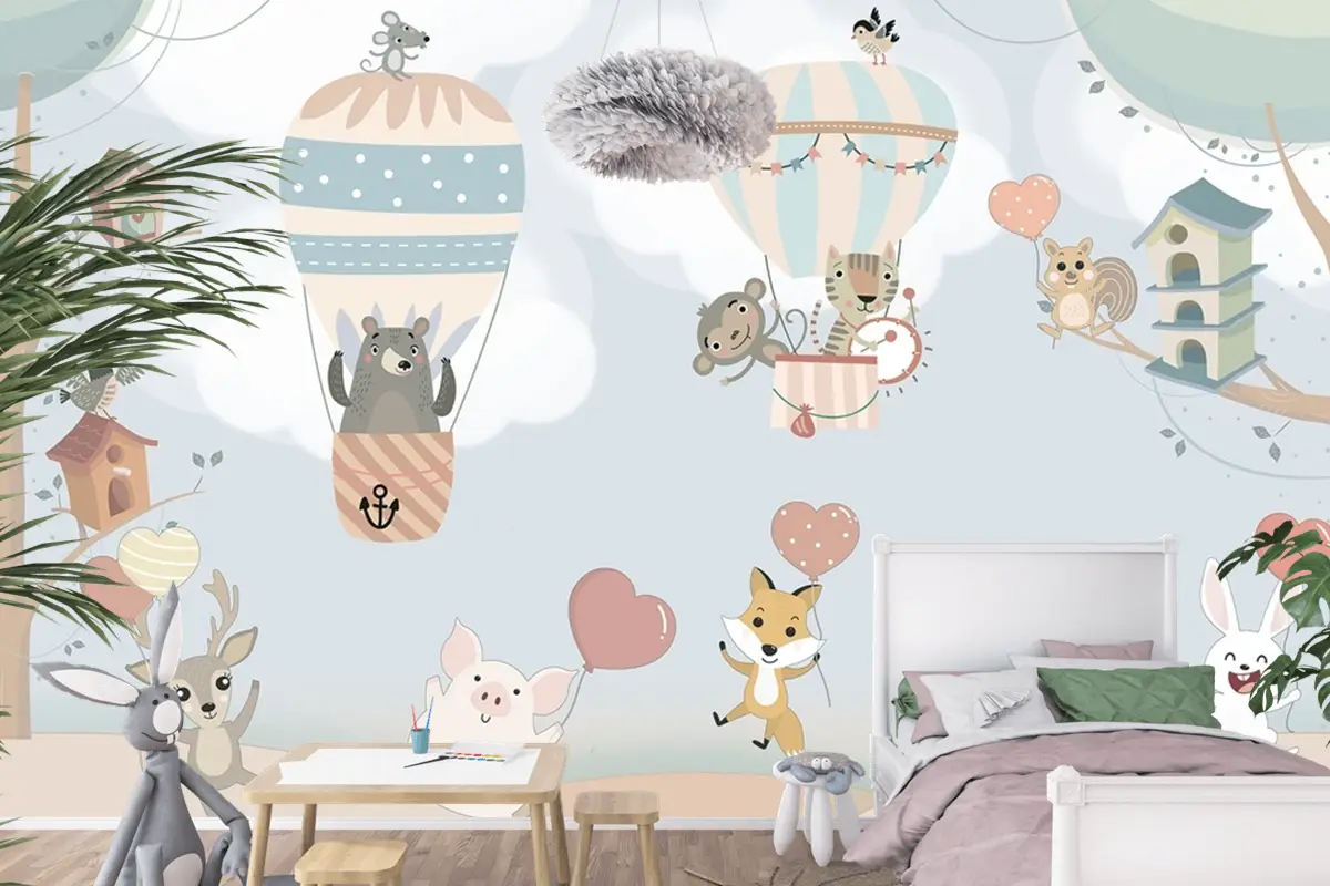 İskandinav Hayvanları Sıcak Hava Balonları Çocuk Odası Duvar Kağıdı İskandinav Hayvanları Sıcak Hava Balonları Çocuk Odası Duvar Kağıdı