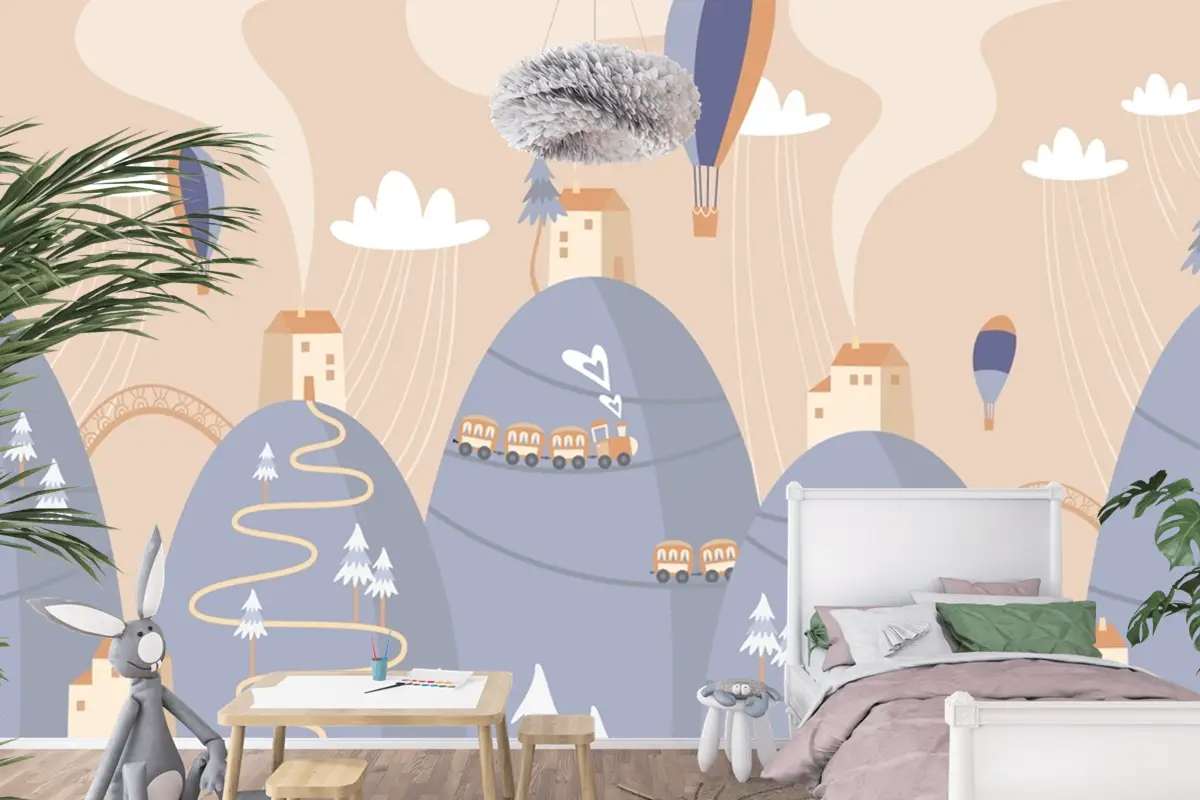İskandinav Manzara Tepeler Sıcak Hava Balonları Tren Çocuk Bebek Odası Duvar Kağıdı