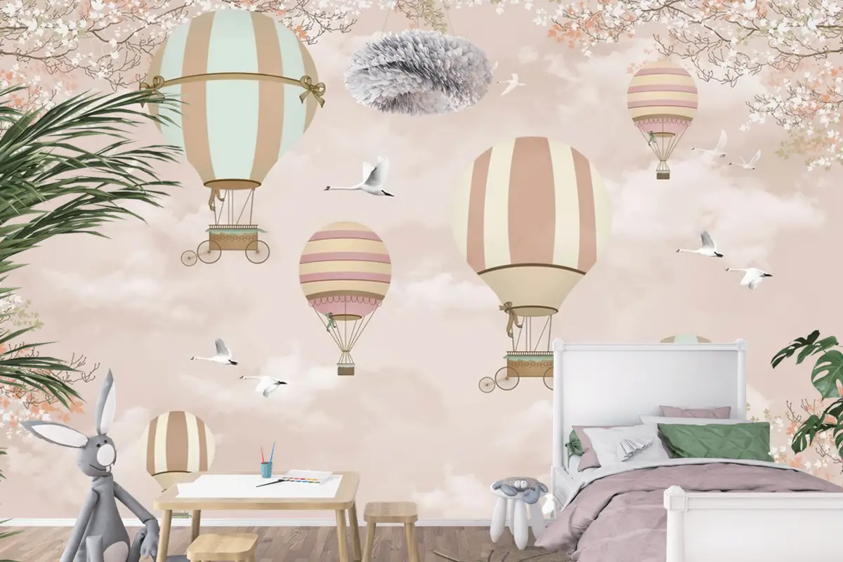 Kanatlı Balonlar Ve Uçaklar Bebek Çocuk Odası Duvar Kağıdı
