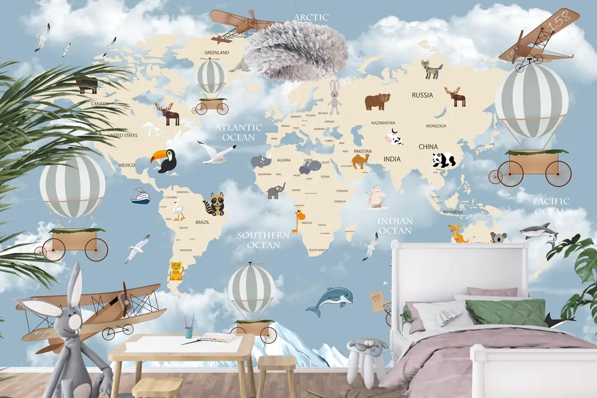 Keşif ve Oyun Temalı Harita Desenli Çocuk Odası Duvar Kağıdı