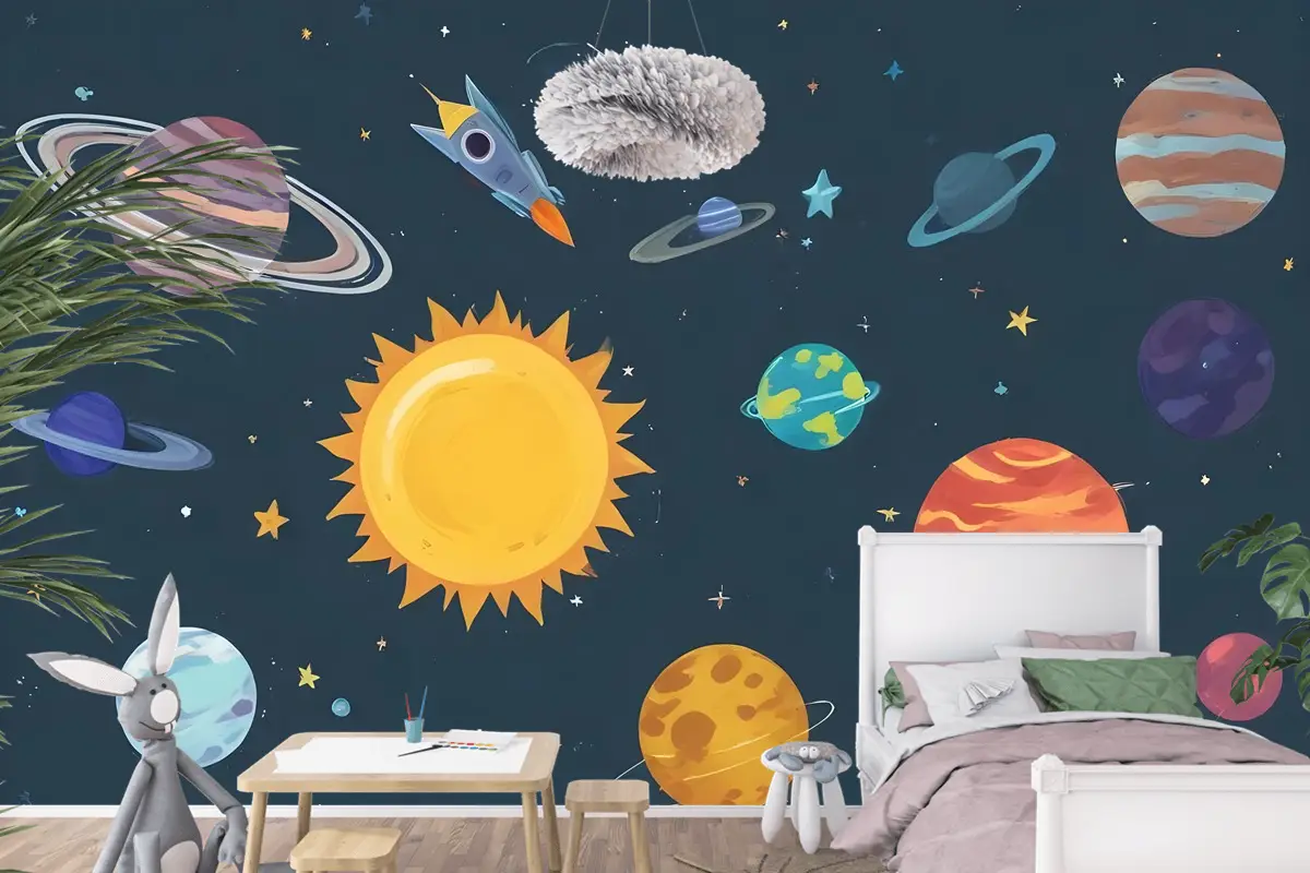 Kids Boys Suluboya Uzay Ve Güneş Sistemi Çocuk Odası Duvar Kağıdı