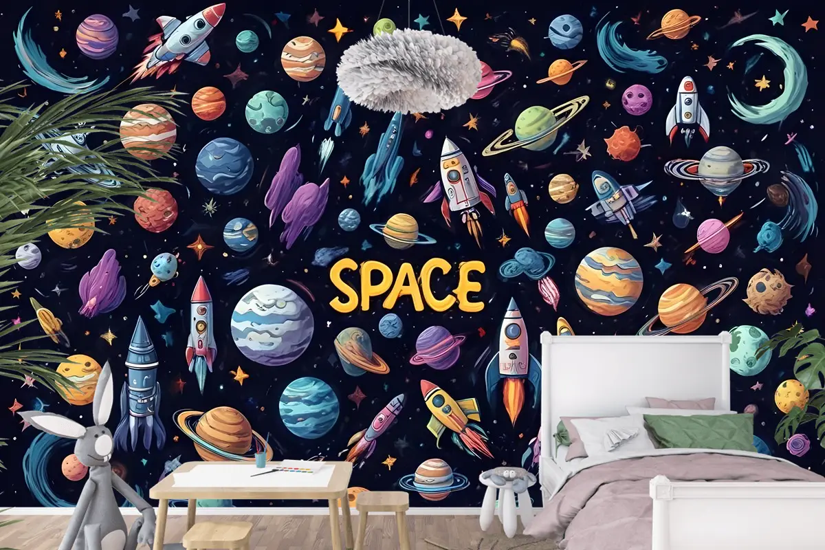 Astronot Ve Renkli Gezegenlerle Çocuk Karikatür Uzay Çocuk Odası Duvar Kağıdı