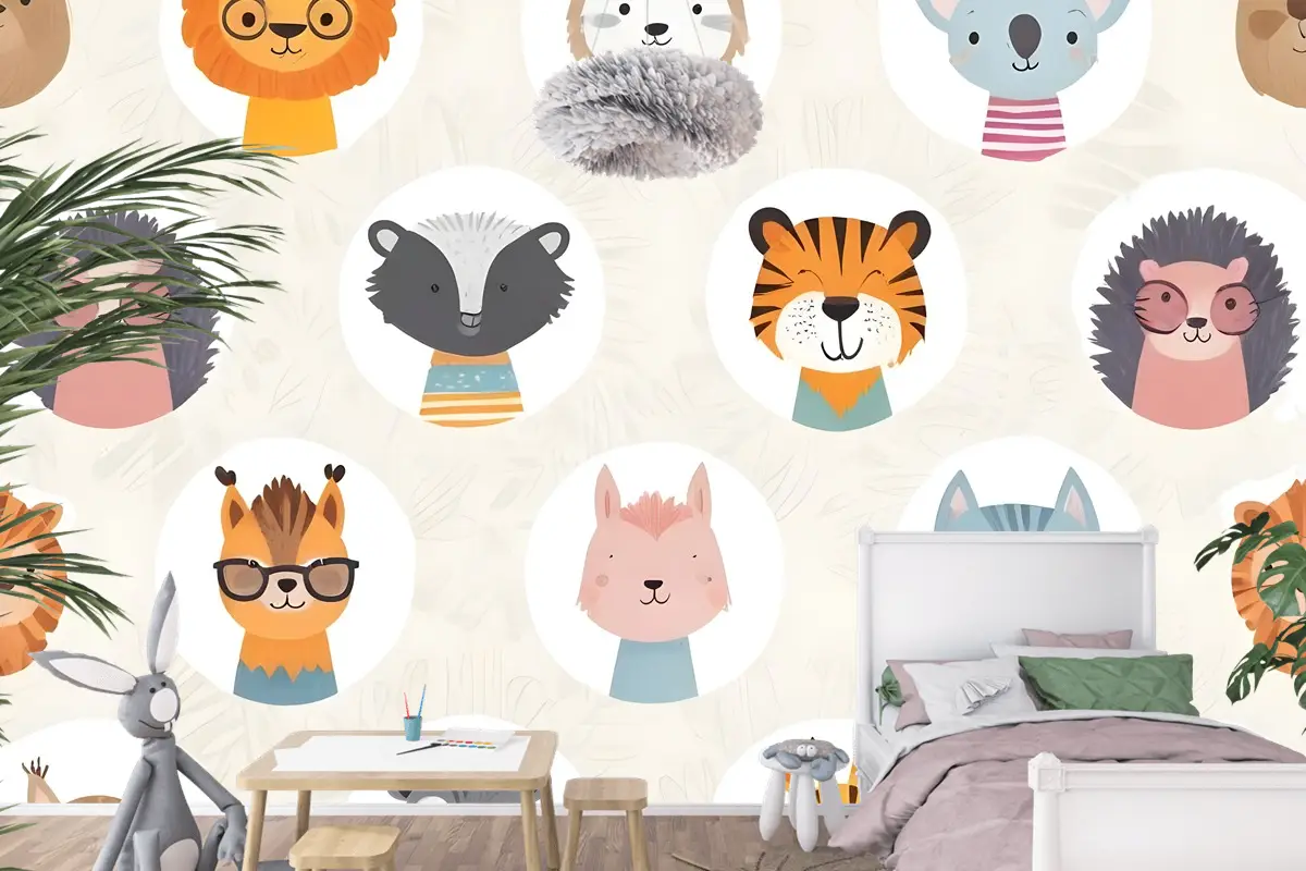 Çocuklar Sevimli Safari Hayvanlar Desen Çocuk Odası Duvar Kağıdı 