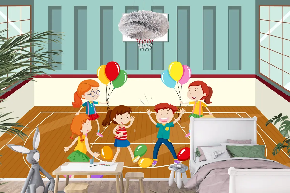 Balonlarla Fiziksel Aktivite Yapan Çocuklar Çocuk Odası Duvar Kağıdı