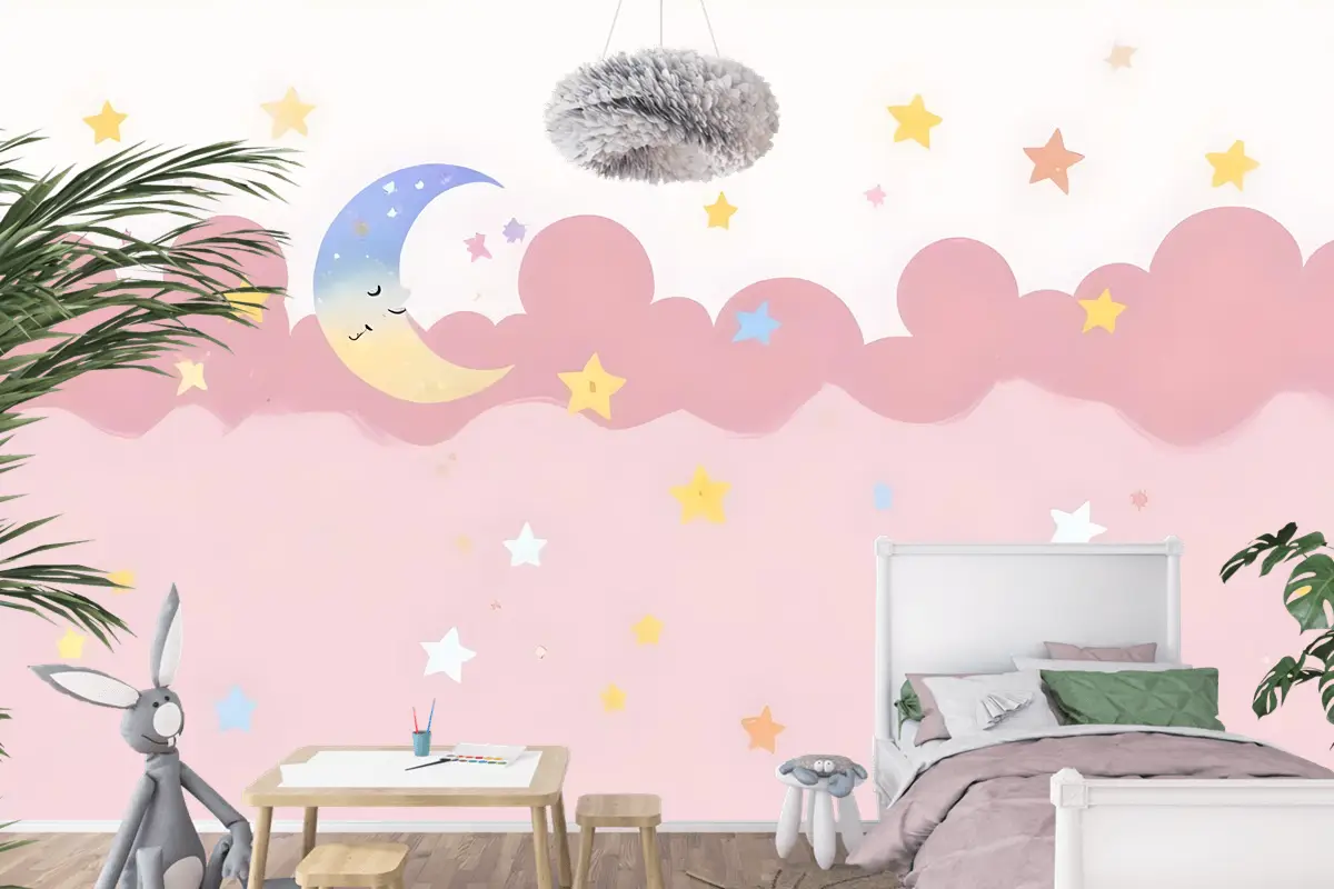 Çocuk Kız Pembe Gece Uyuyan Ay Çocuk Odası Duvar Kağıdı