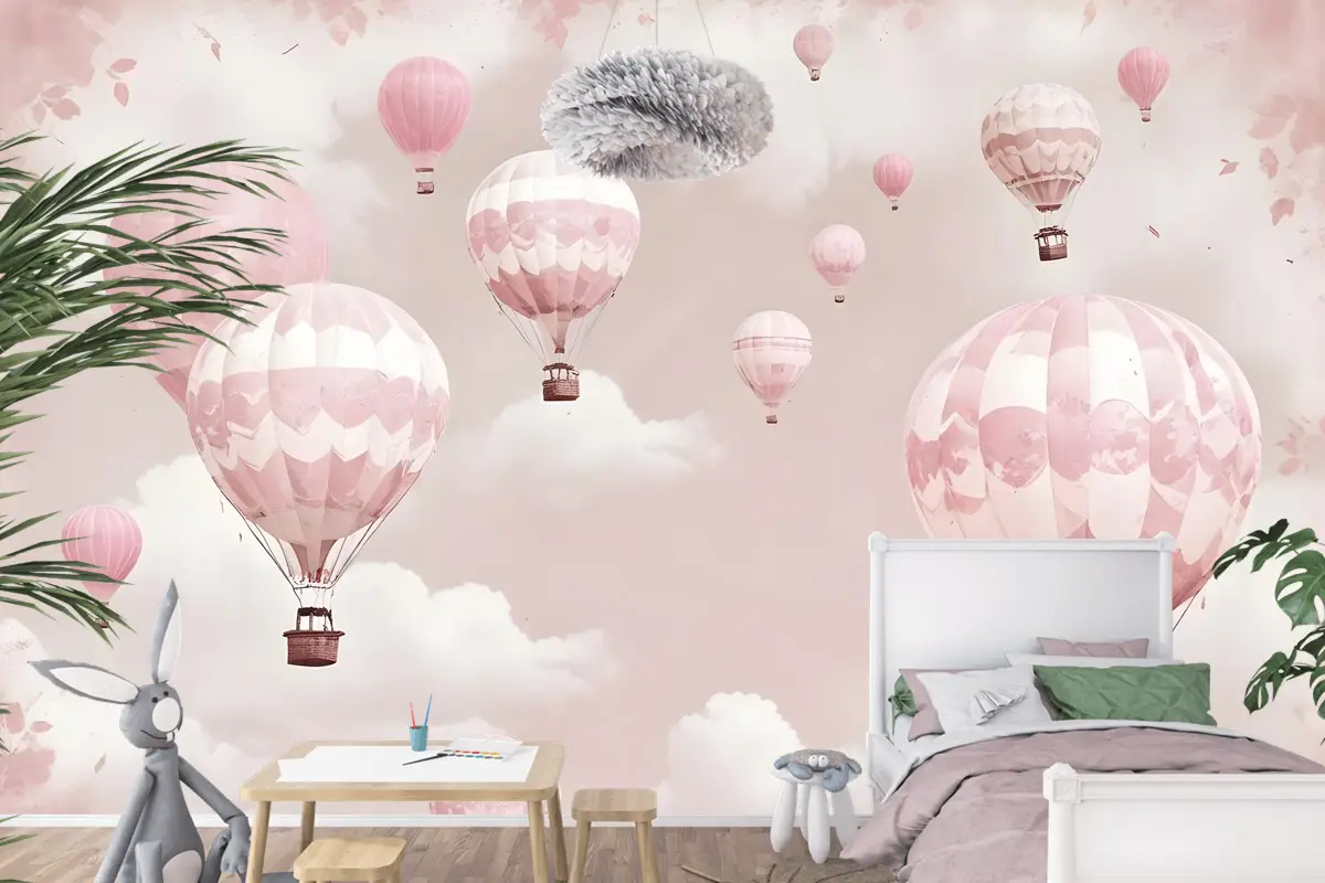 Çocuk Kız Sıcak Hava Balonu Çocuk Odası Duvar Kağıdı Duvar Pembe Gökyüzü