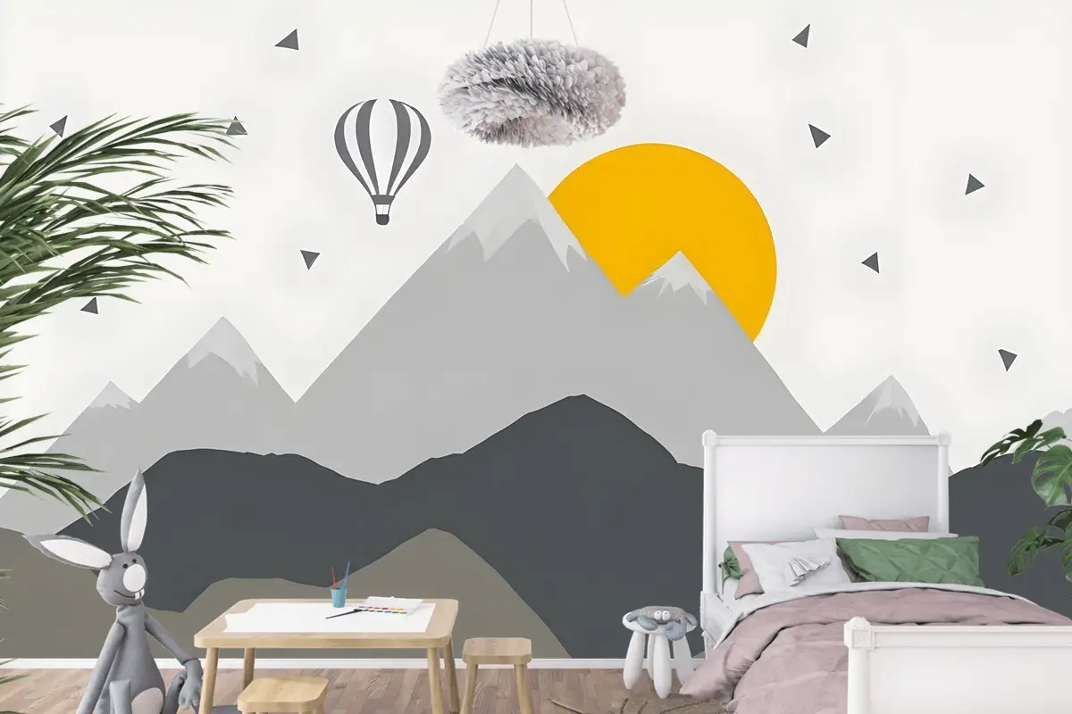 Çocuklar Gri Geometrik Dağ Manzarası Ve Sıcak Hava Balonu Çocuk Odası Duvar Kağıdı