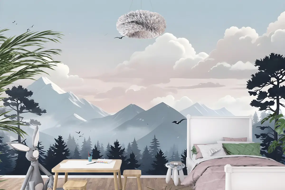 Çocuklar Karla Dağ Manzarası Çocuk Odası Duvar Kağıdı