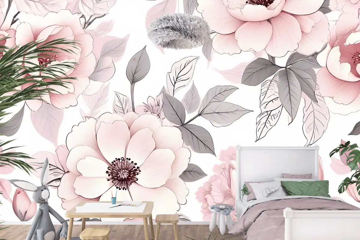 Çocuk Kreş Çiçek Pembe Gül Desenli Çocuk Odası Duvar Kağıdı